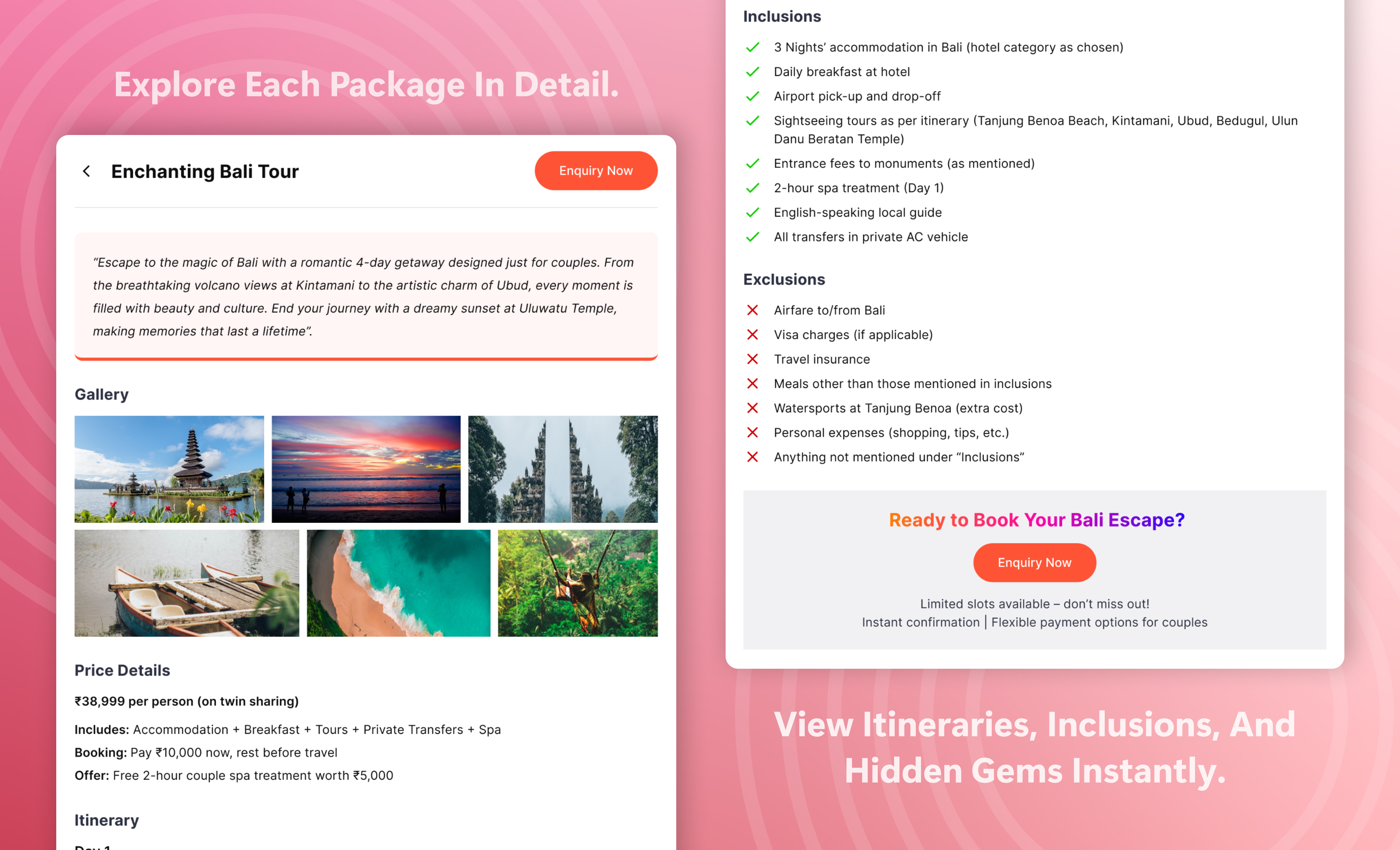 Detailed package itinerary