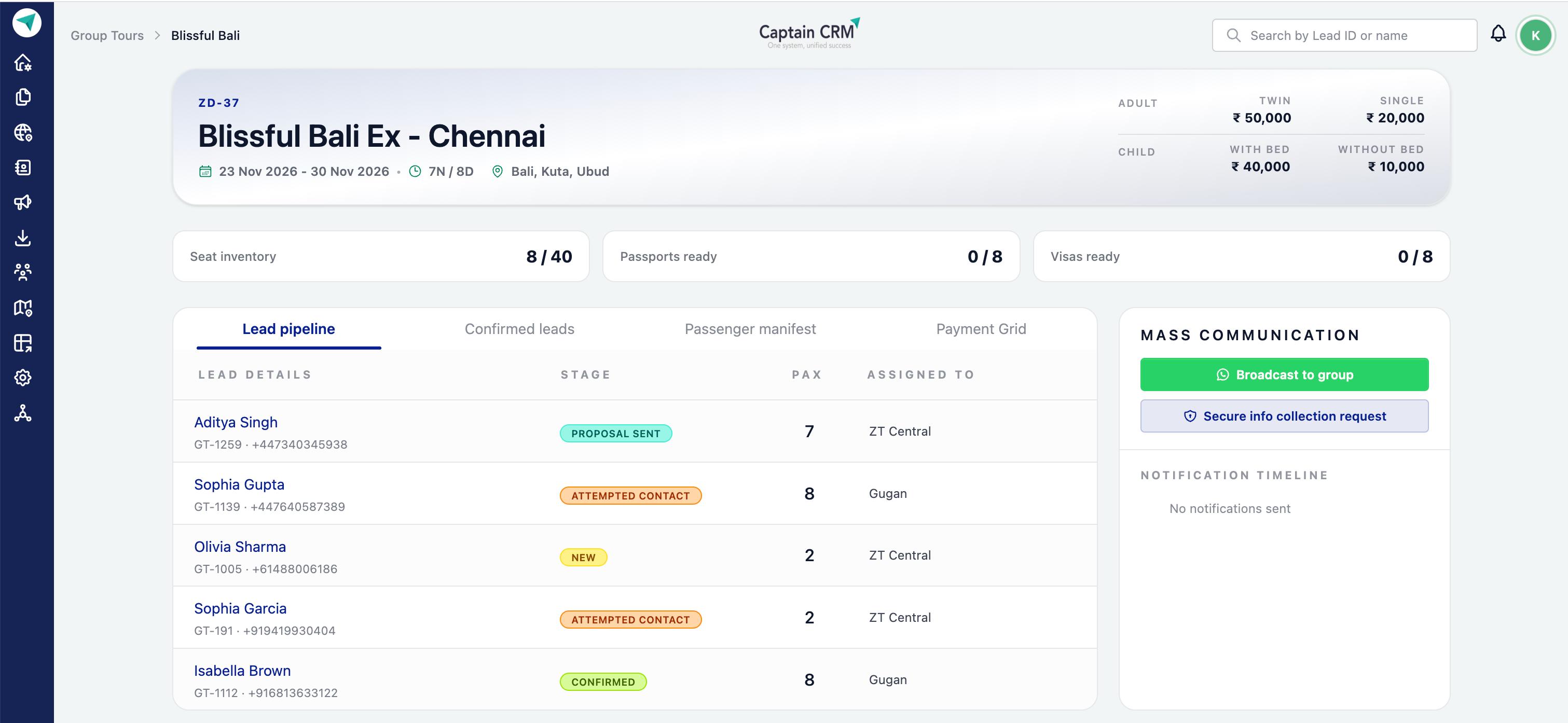 Group Tour Suite lead pipeline showing departure inventory, lead stages and mass communication