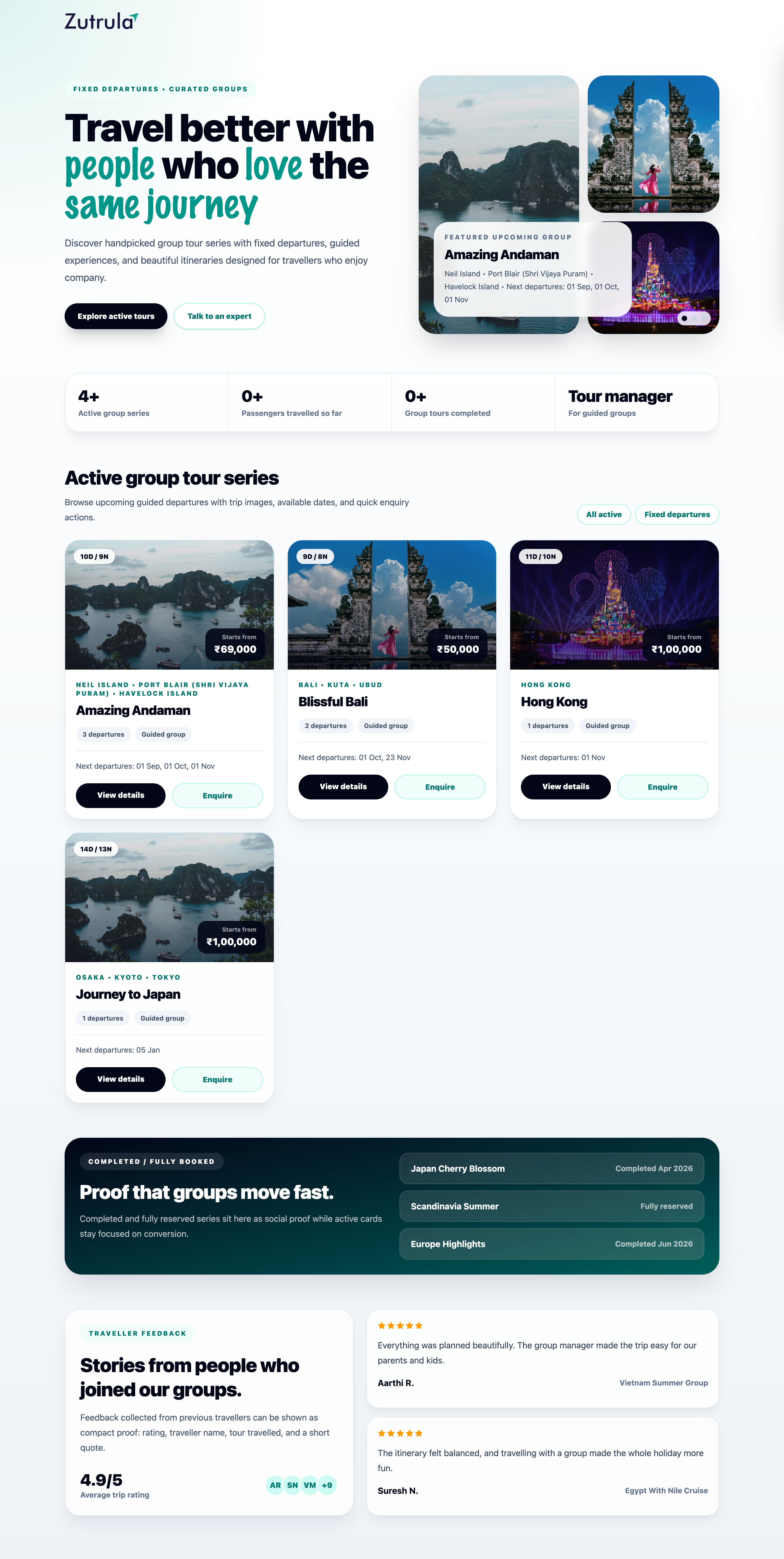 A Zutrula fixed-departure tour website with active group tour series.
