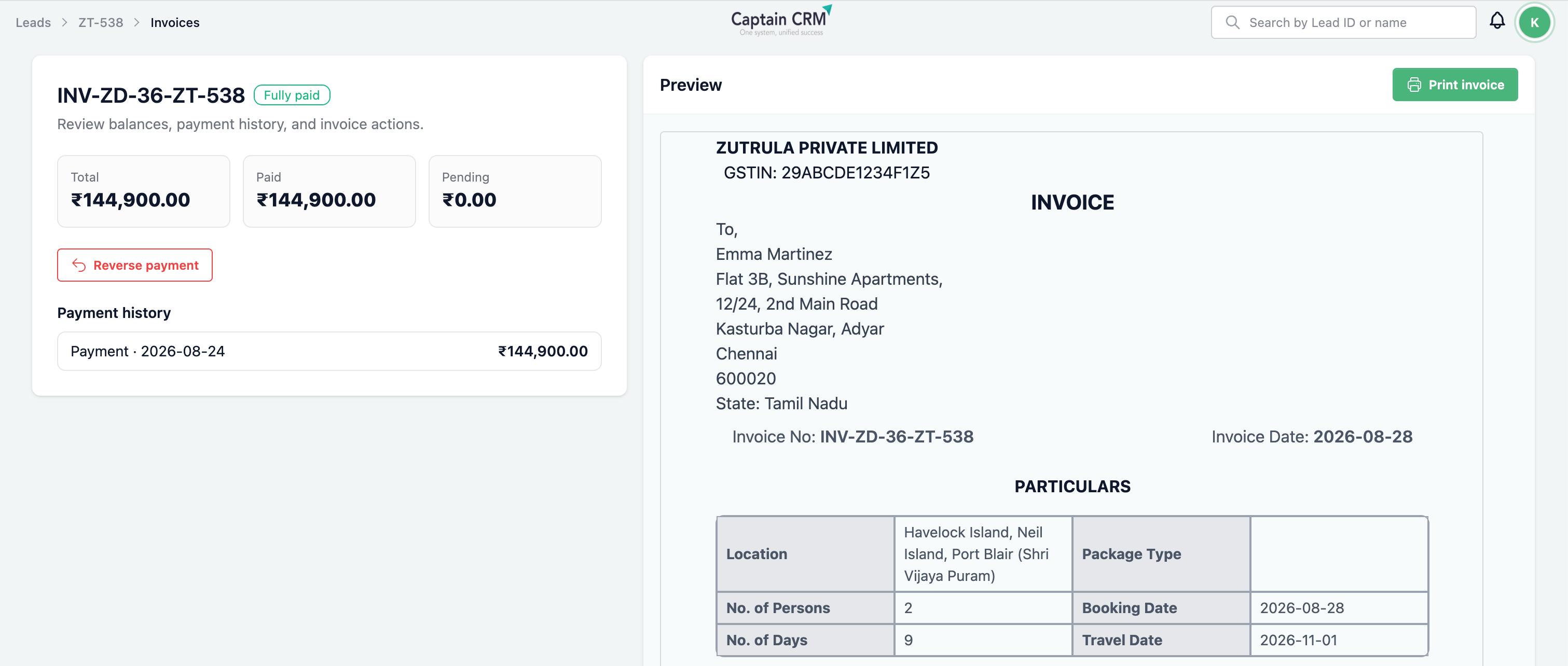 A Captain CRM invoice preview with payment history and balances.