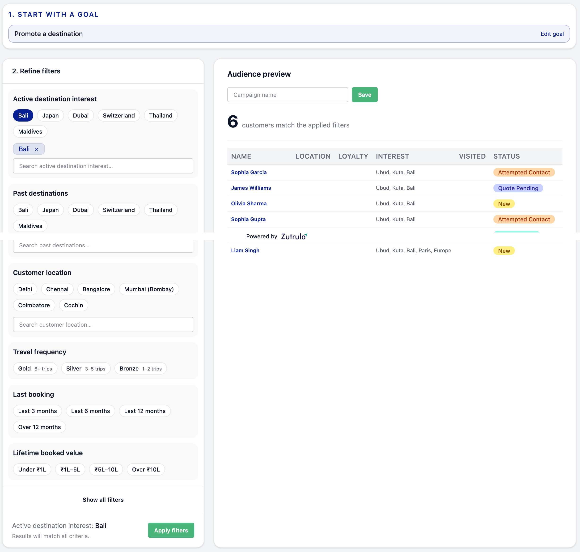 Captain CRM marketing campaign builder with audience filters and customer preview