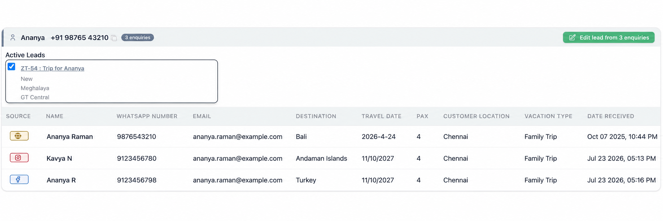 A social-media enquiry workspace showing matched enquiries for one customer.