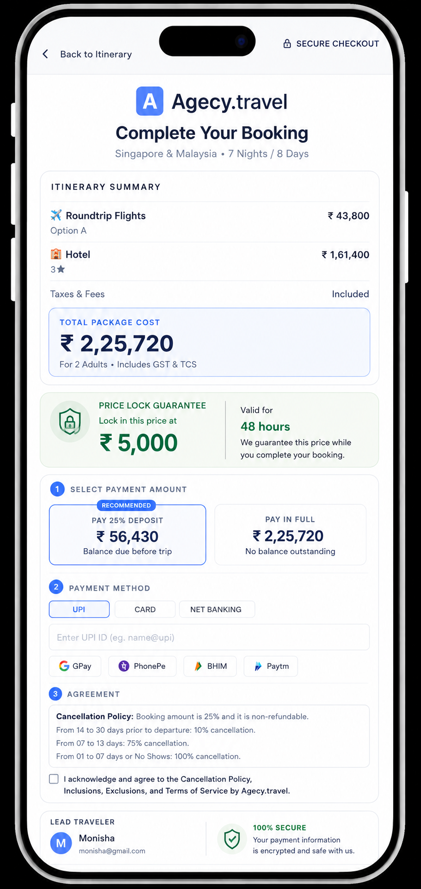 Mobile secure checkout showing itinerary pricing, deposit choices and payment methods