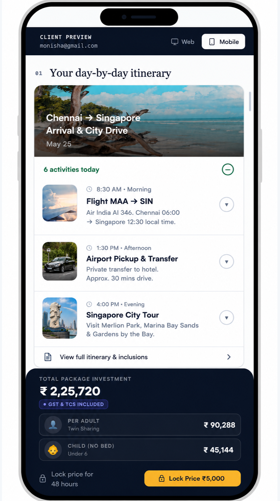 Mobile itinerary preview showing a day-by-day Singapore journey and package pricing