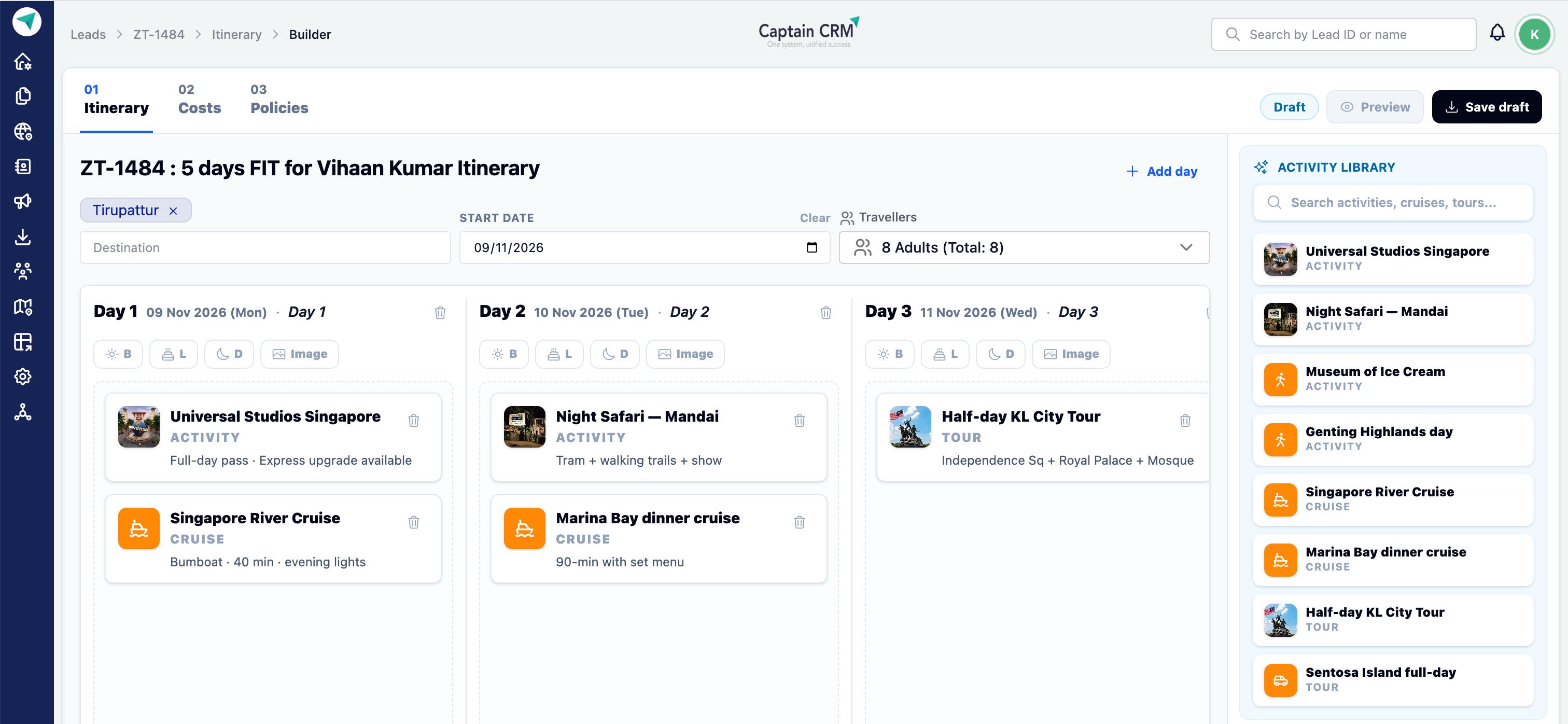 An itinerary builder with day-by-day plans and an activity library.