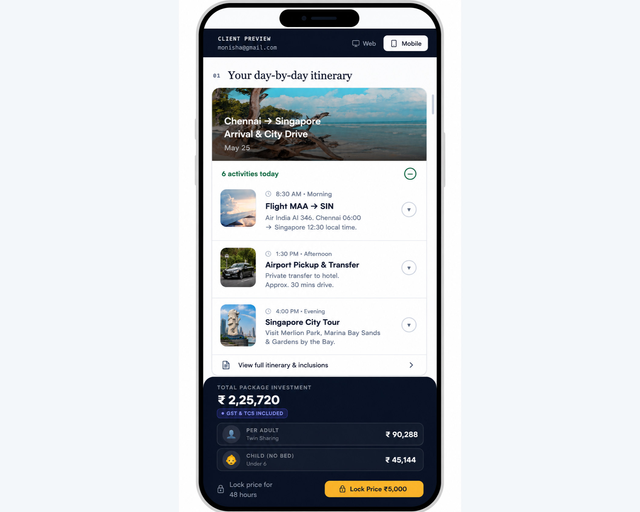 A complete customer-facing mobile itinerary with activities, transport and pricing.