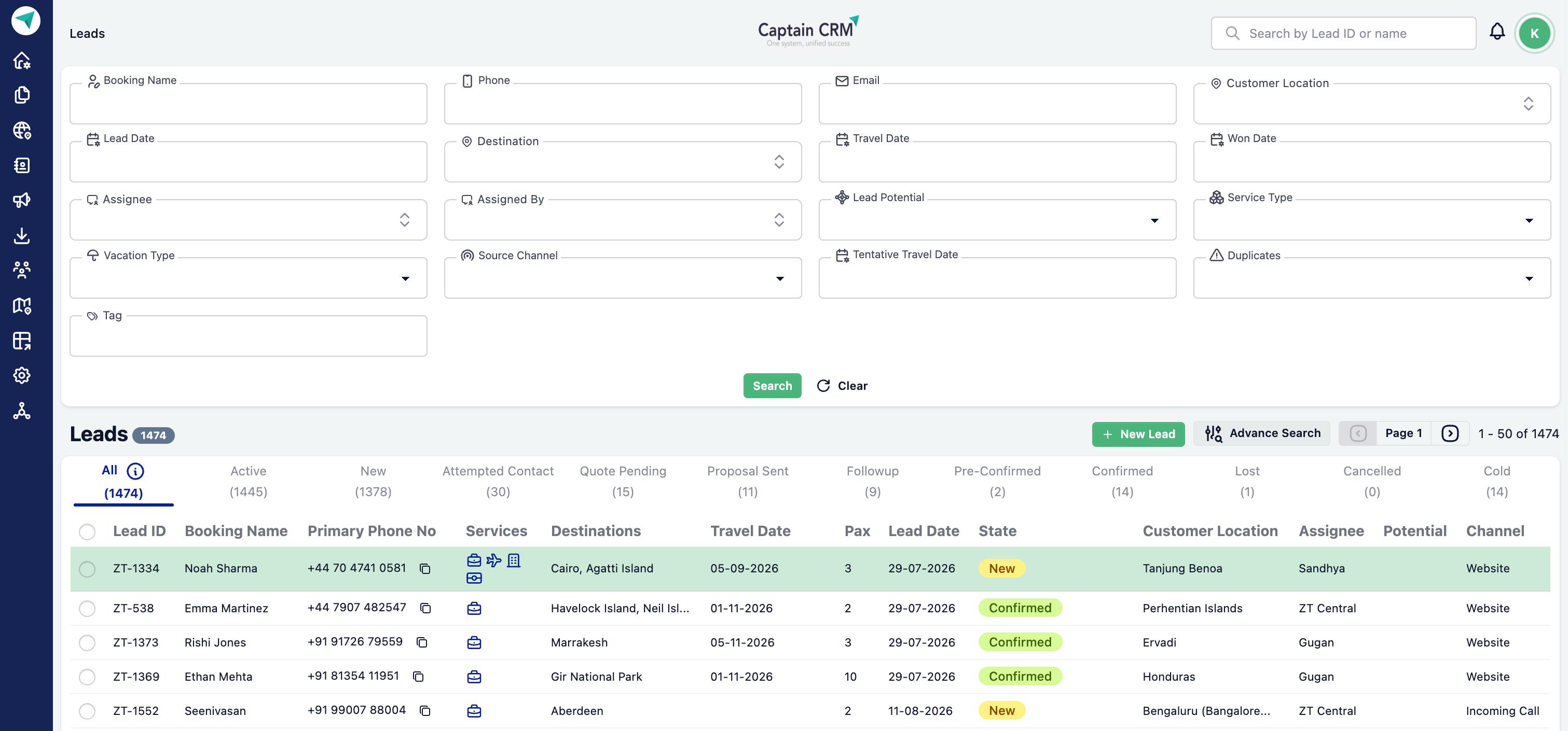 Captain CRM lead list with search filters, pipeline stages, assignees and lead details