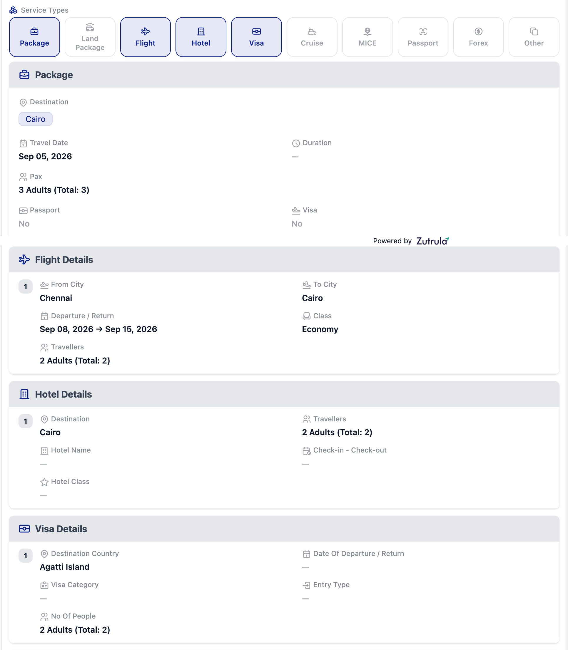 A Captain CRM travel requirement screen showing service types, package details, flights and hotels.
