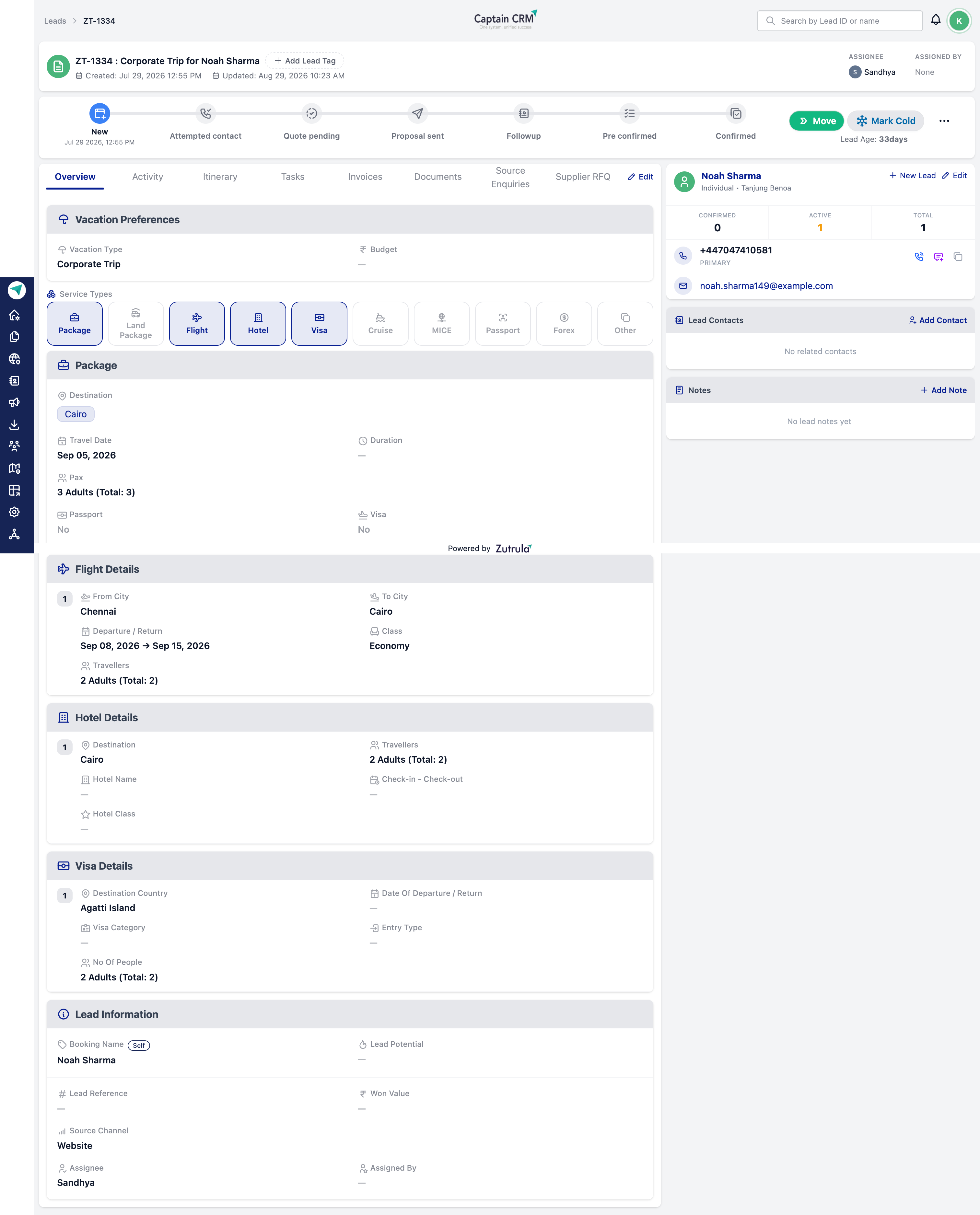 Captain CRM lead overview with travel requirements, itinerary, tasks, invoices and customer details