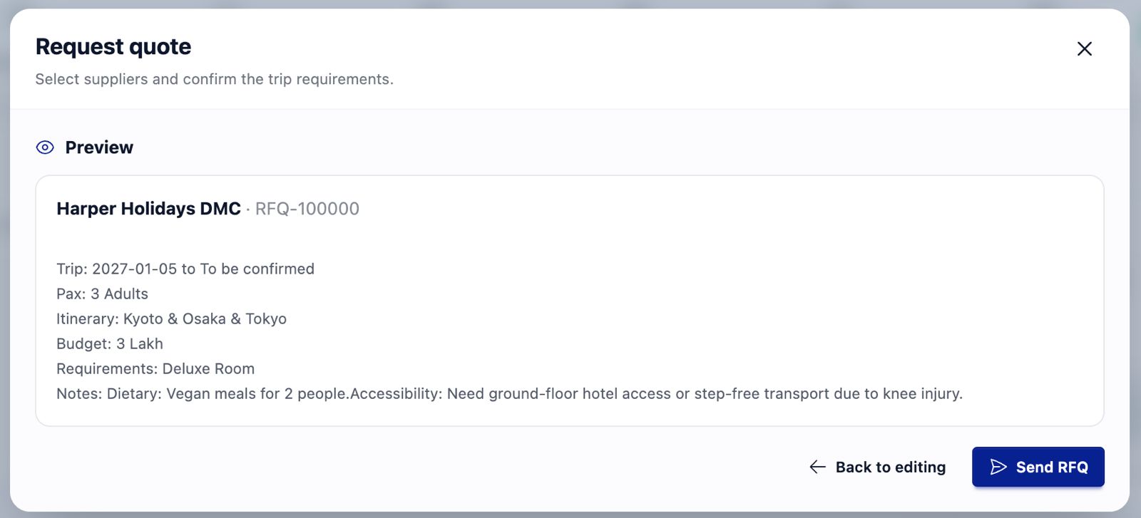 A supplier request-for-quote preview ready to send.